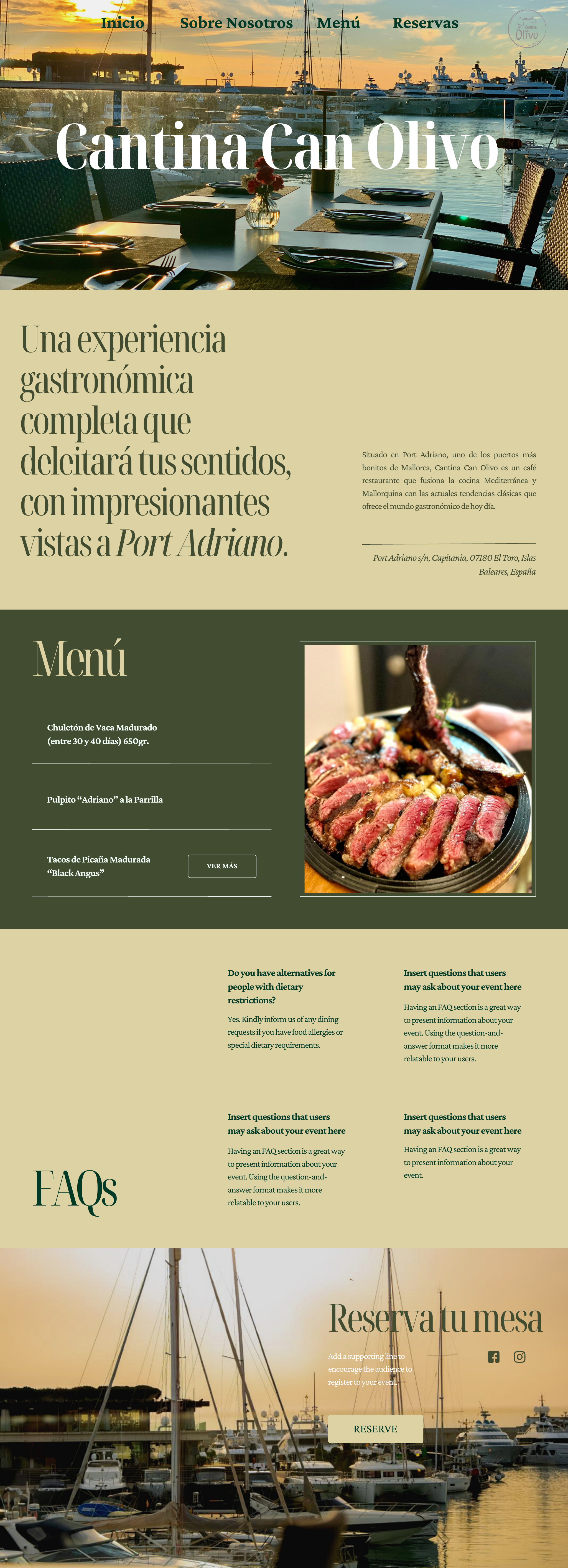 Cantina Can Olivo. Restaurante en Port Adriano con menú, preguntas frecuentes y sección de reservas.